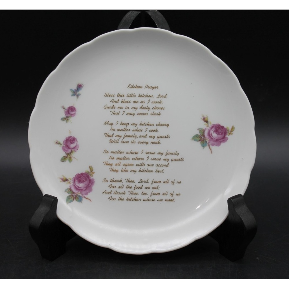 Vintage Kitchen Prayer Decorative Porcelain Plate Pink Roses 6 Inch Scalloped